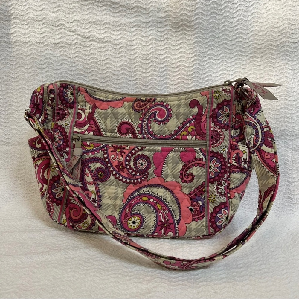 vera bradley / pink and grey shoulder purse in paisley meets plaid pattern